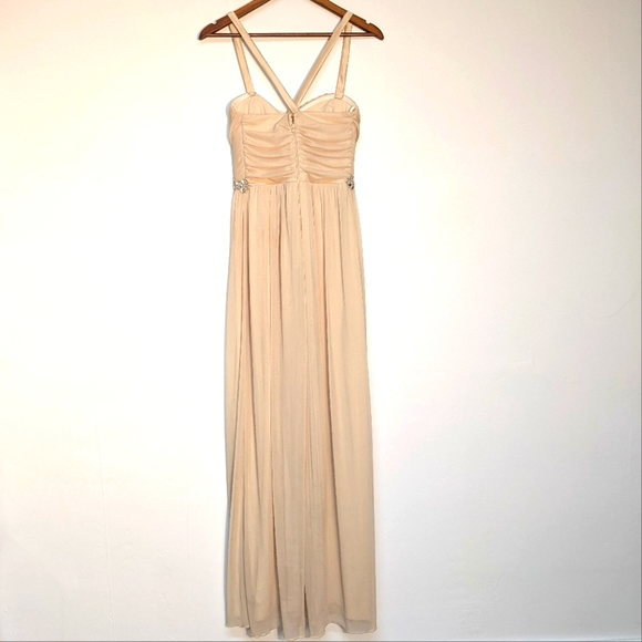 City Triangle Beige Shoulder Strapped Gown w/ Pleated Chest & Side Slit, 7 - Picture 4 of 12